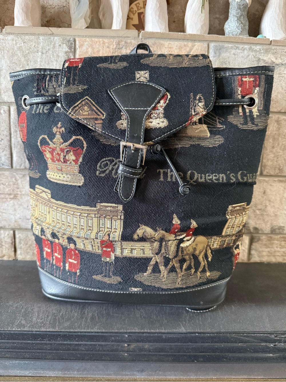 Black British Tapestry Buckle Drawstring Backpack